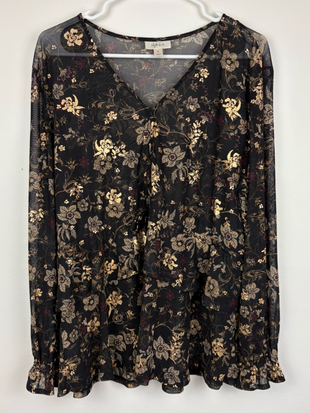 Style & Co. Fairycore Black Floral Blouse Gold Accents XL 90s Whimsy